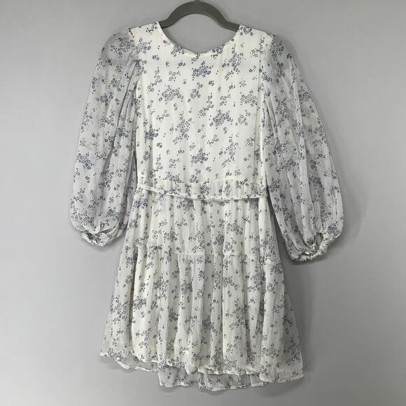 Abercrombie & Fitch Women Dress S White Blue Floral Sheer Balloon Sleeve Chiffon - Picture 1 of 11